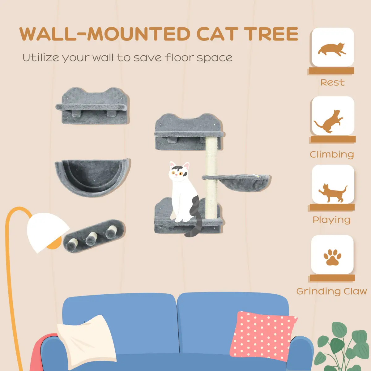 PawHut PawHut 4PCs Wall Mounted Cat Tree Cat Wall Shelves W/ Scratching Post Grey - Cat Tree