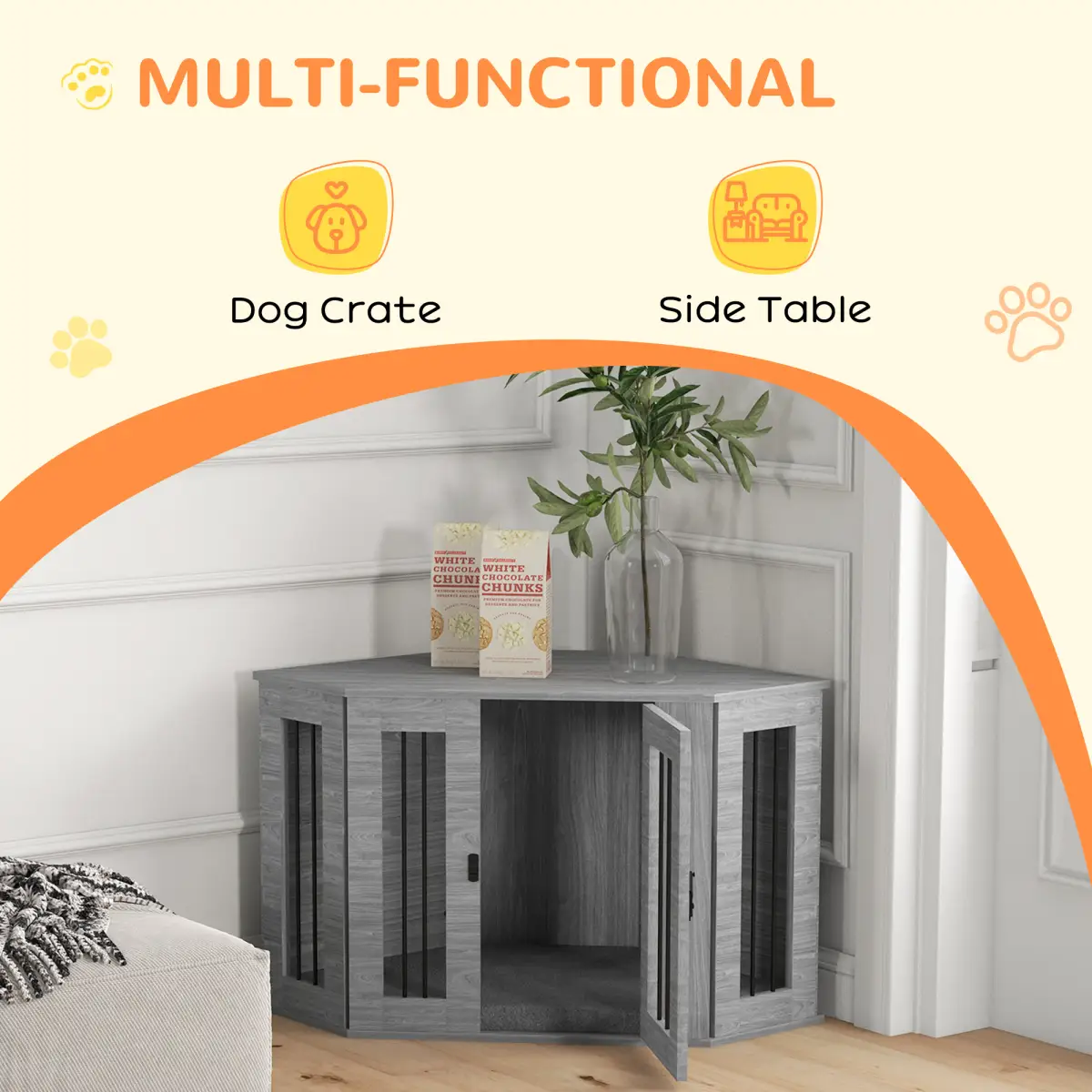 PawHut PawHut Dog Crate Furniture for Medium Dogs w/ Cushion, Large Door - Grey - Dog Crate