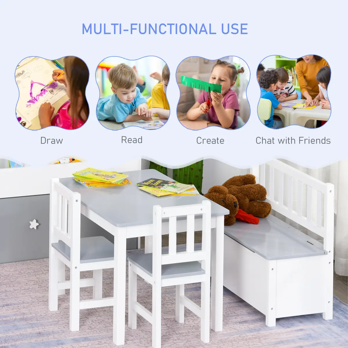 Unbranded 4-Piece Set Kids Wood Table Chair Bench Storage Function for 3 Years+ HOMCOM - Garden Set