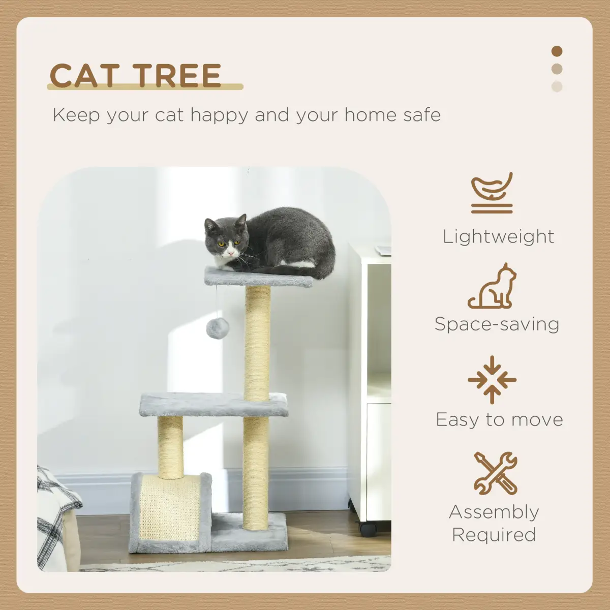 PawHut PawHut 72cm Cat Tree Climbing Tower with Sisal Scratching Post - Light Grey - Cat Tree
