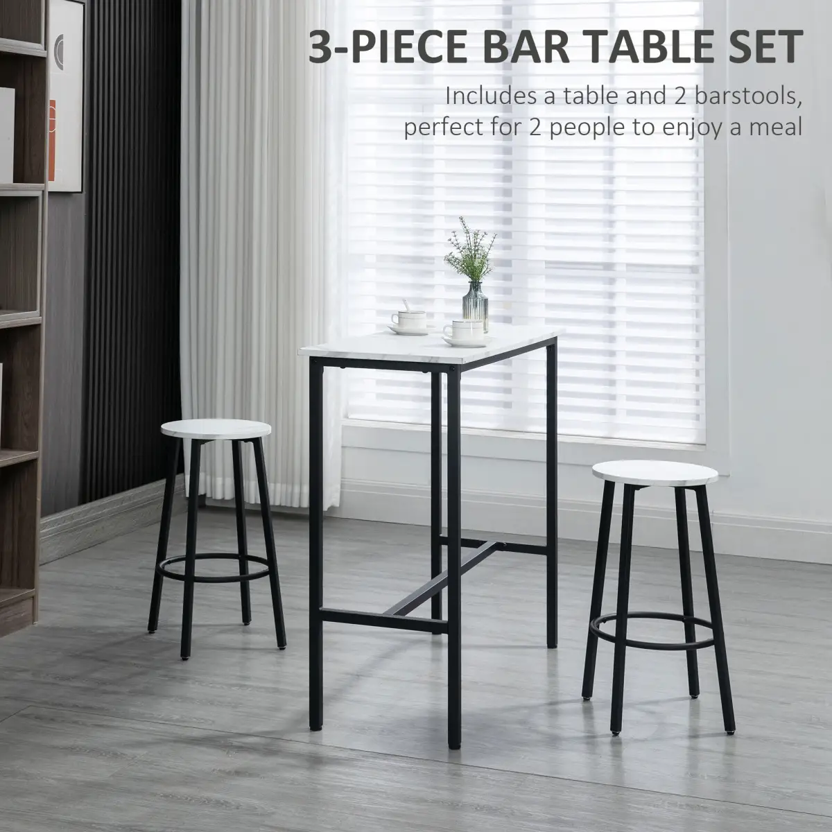 HOMCOM HOMCOM 3 Piece Bar Table Set for 2 with Stools Steel Frame Footrest White - Dining Set