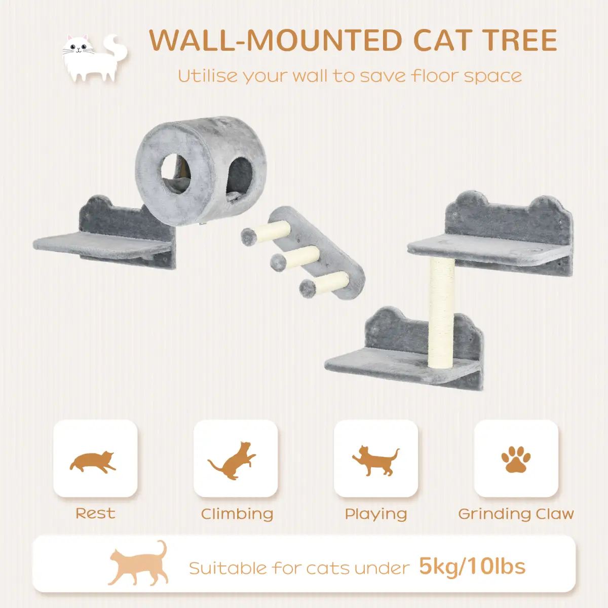 PawHut Four-Piece Wall-Mounted Cat Tree with Platforms, Steps, Perch, Cat House - Grey - Cat Tree