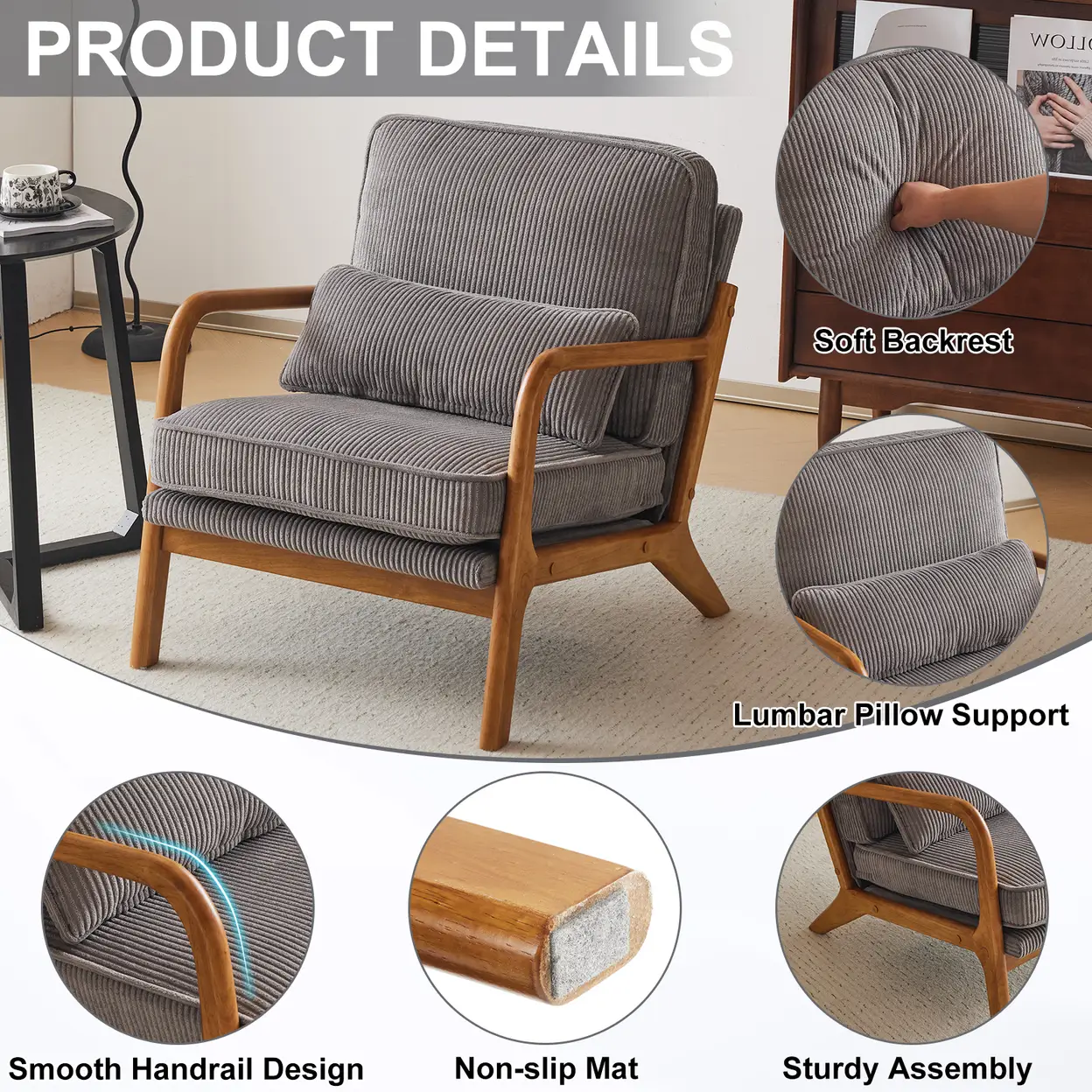 N/A Low Arm Accent Chair - Light Gray Corduroy Upholstered Indoor Lounge Chair, Compact Single Seater with Sturdy Frame (330LBS Weight Capacity) - Accent Chair
