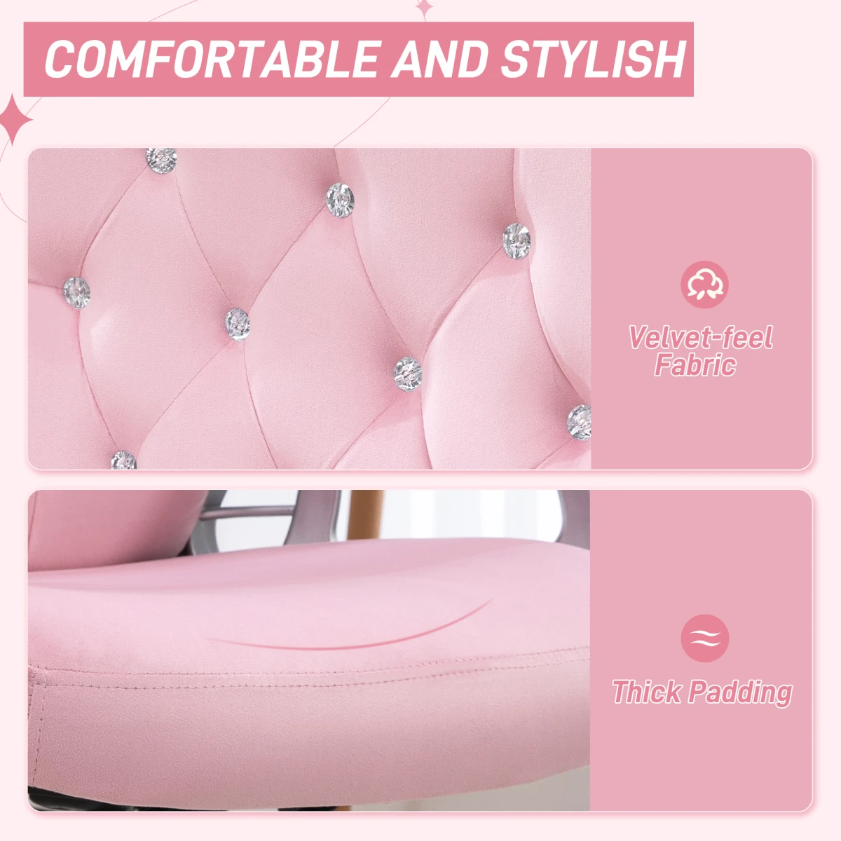 Vinsetto Vinsetto Home Office Chair 47 to 57 cm Height and Tilt Adjustment Velvet Upholstery with Diamonds for Home Office - Office Chair
