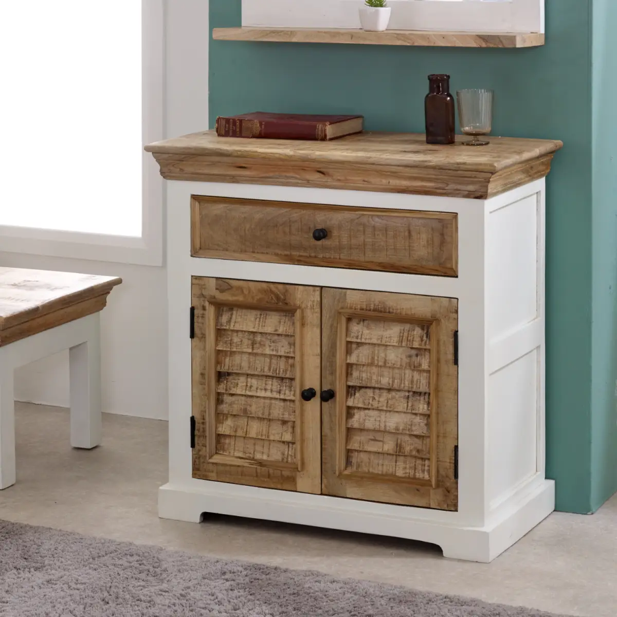 Alfie Mango Wood Sideboard 57x28x10cm 1 Drawer 2 Doors White Natural Finish Handcrafted In India For Living Room Storage - Indian Hub - Home Symphony