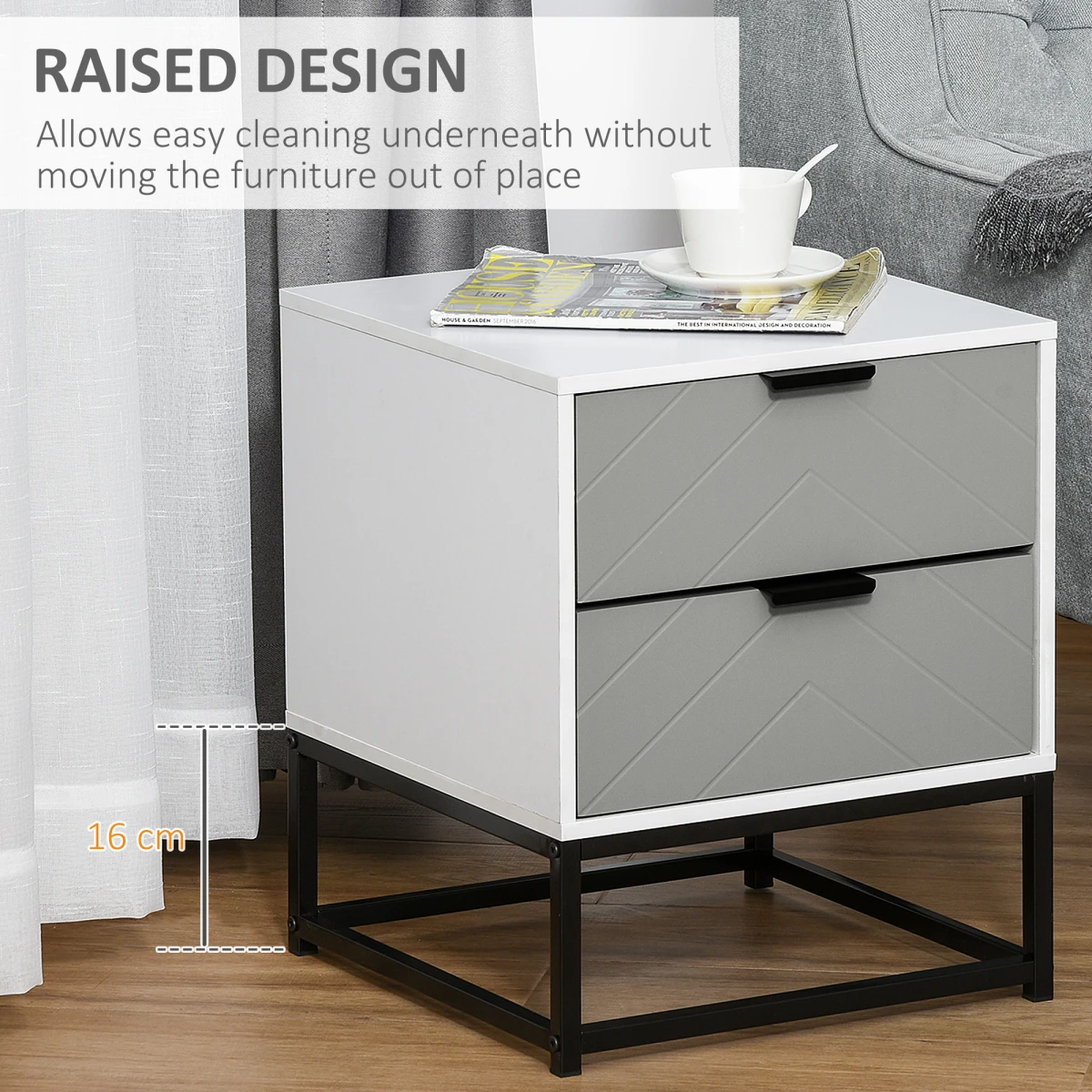 HOMCOM Premium Bedside Cabinet Compact With Chevron Pattern Drawers And Metal Base For Bedroom Storage - Bedside Table