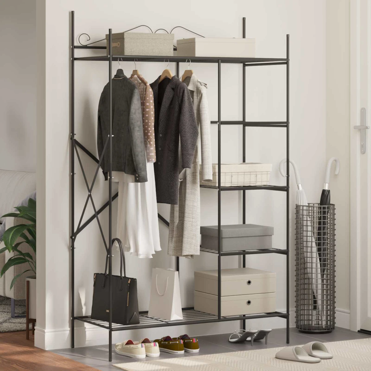 vidaXL Open Wardrobe Black Metal Frame 4-Tier With Hanging Rod For Bedroom Storage by vidaXL