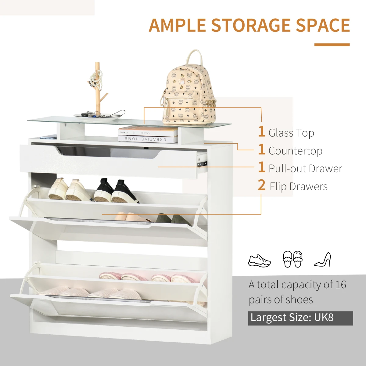 Premium White High Gloss Shoe Cabinet With Glass Top Three Drawers Storage Organizer For Hallway Or Office by HOMCOM