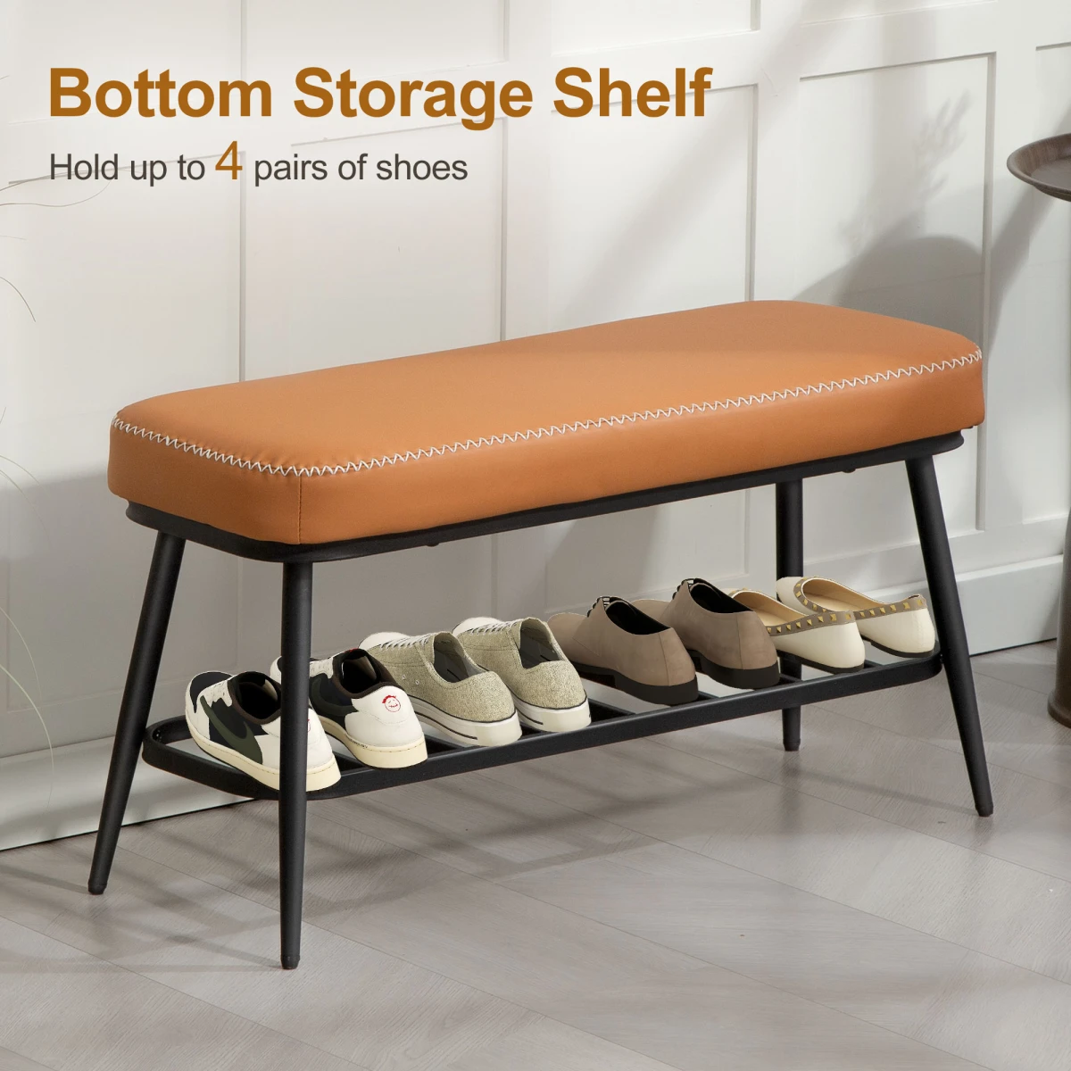N/A Premium Leather Storage Bench With 7 Cm Cushion And Four Pair Shoe Shelf For Entryway Organization - Shoe Storage
