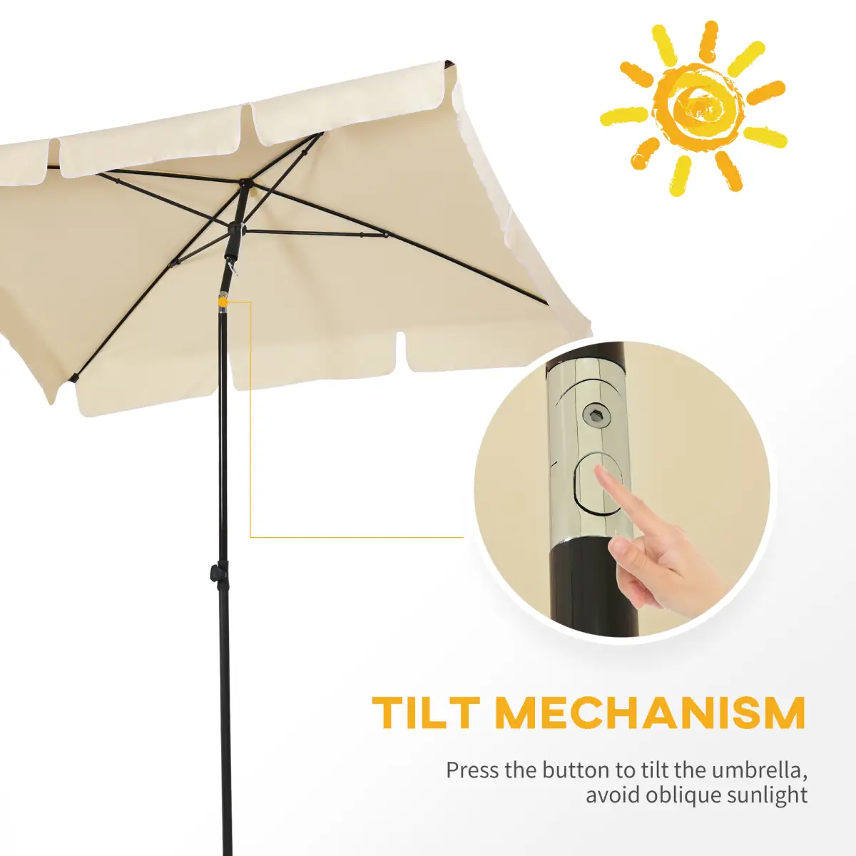 Outsunny Aluminium Sun Parasol Garden Tilting Umbrellas Patio Rectangular, 2x1.25m, Beige - Parasol