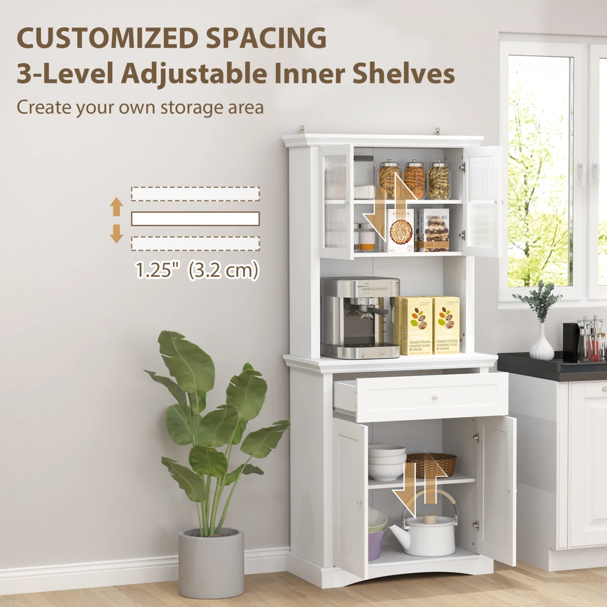 HOMCOM HOMCOM Kitchen Cupboard Storage Cabinet Tall With Drawer Glass Doors Adjustable Shelves For Kitchen Organization - Chest of Drawers