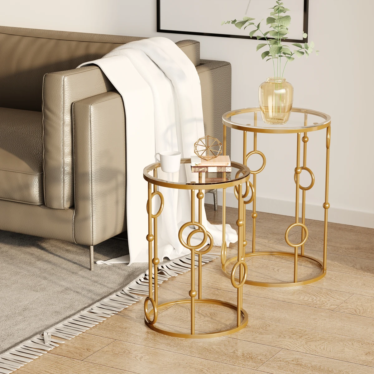 HOMCOM Gold Nesting Coffee Tables Set of Two with Tempered Glass Tops Living Room Decor by HOMCOM