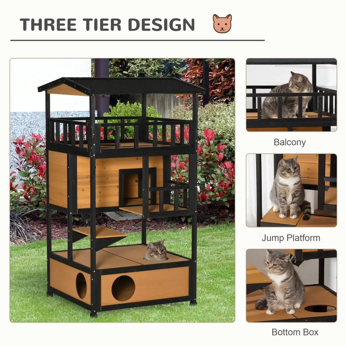 PawHut Wooden Outdoor Cat House 3-Tier Kitten Shelter w/ Tilted Roof Yellow - Cat House
