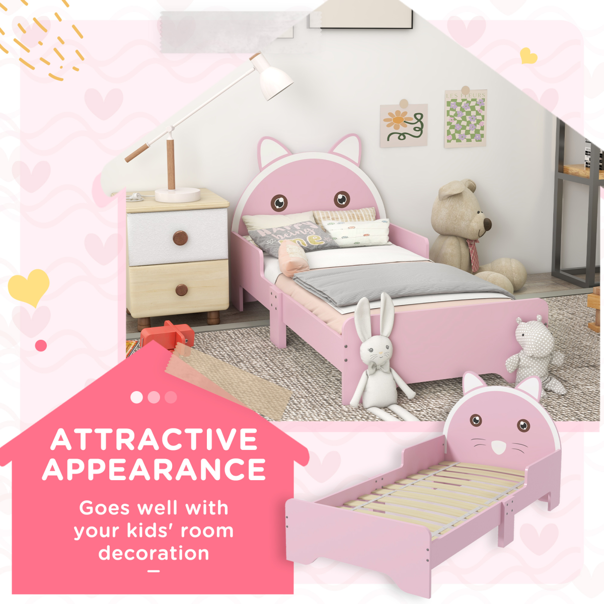 ZONEKIZ Toddler Bed Frame Cat Design Kids Bed with Guardrails - Pink - from ZONEKIZ