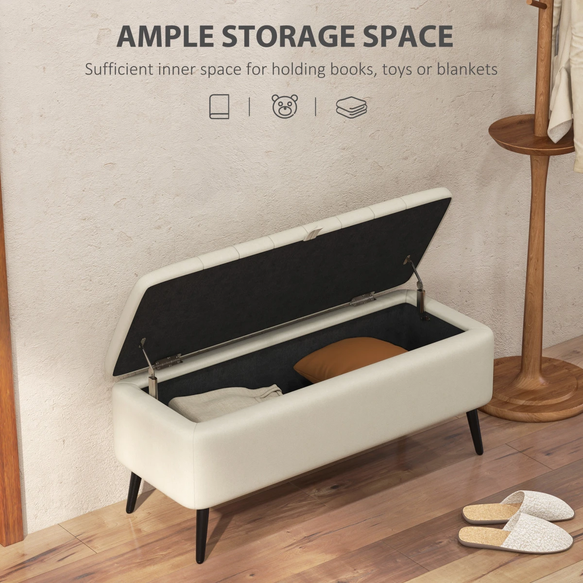 HOMCOM HOMCOM Storage Ottoman Bench Compact Linen Cream White With Under Seat Storage And Padded Lid For Living Room - Footstool