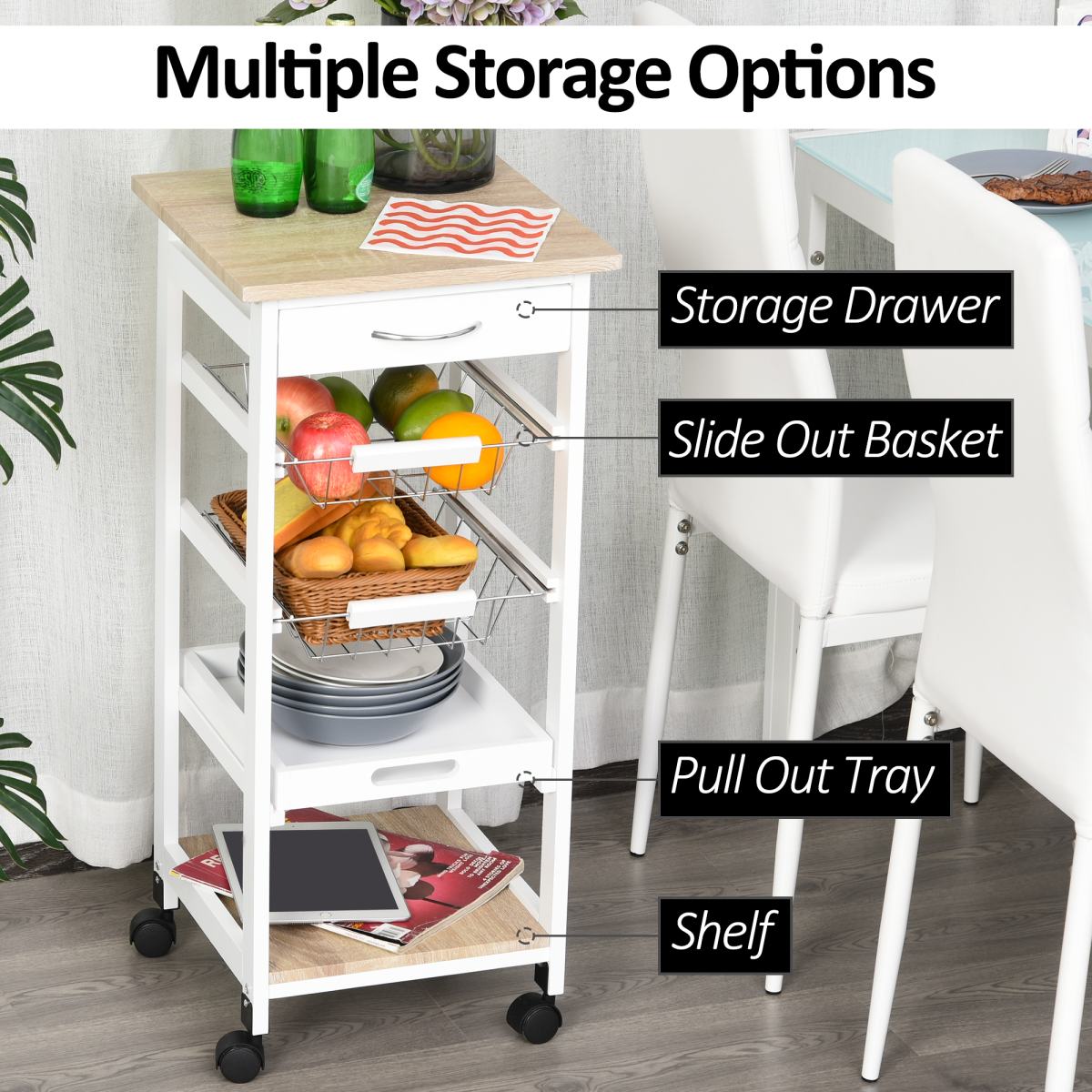 MDF Wood 5-Tier Kitchen Storage Trolley White - from HOMCOM