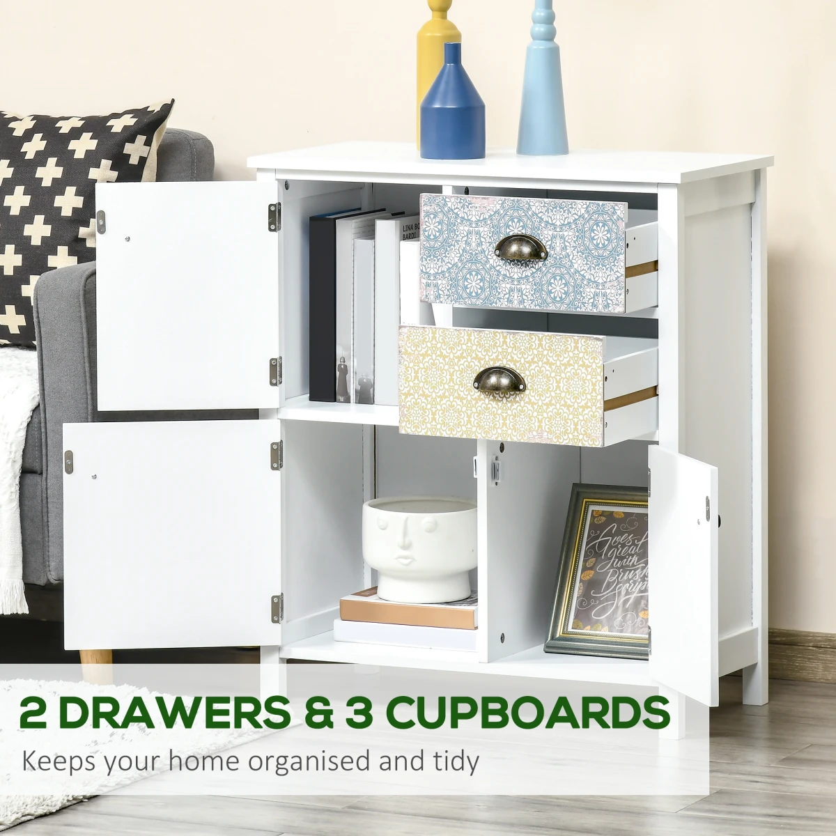 HOMCOM Boho Chic Storage Chest Compact Two Drawers And Three Cabinets Colorful Pattern Panels For Any Room - Chest of Drawers