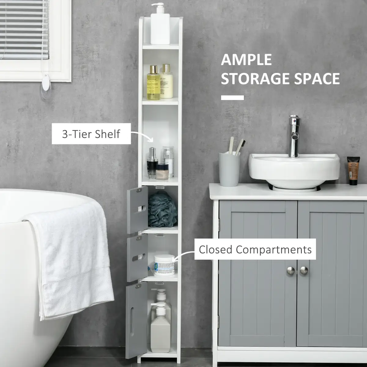 Unbranded kleankin Freestanding Tall Bathroom Cabinet W/ Open Shelves 3 Cupboards, Grey - Display Cabinet