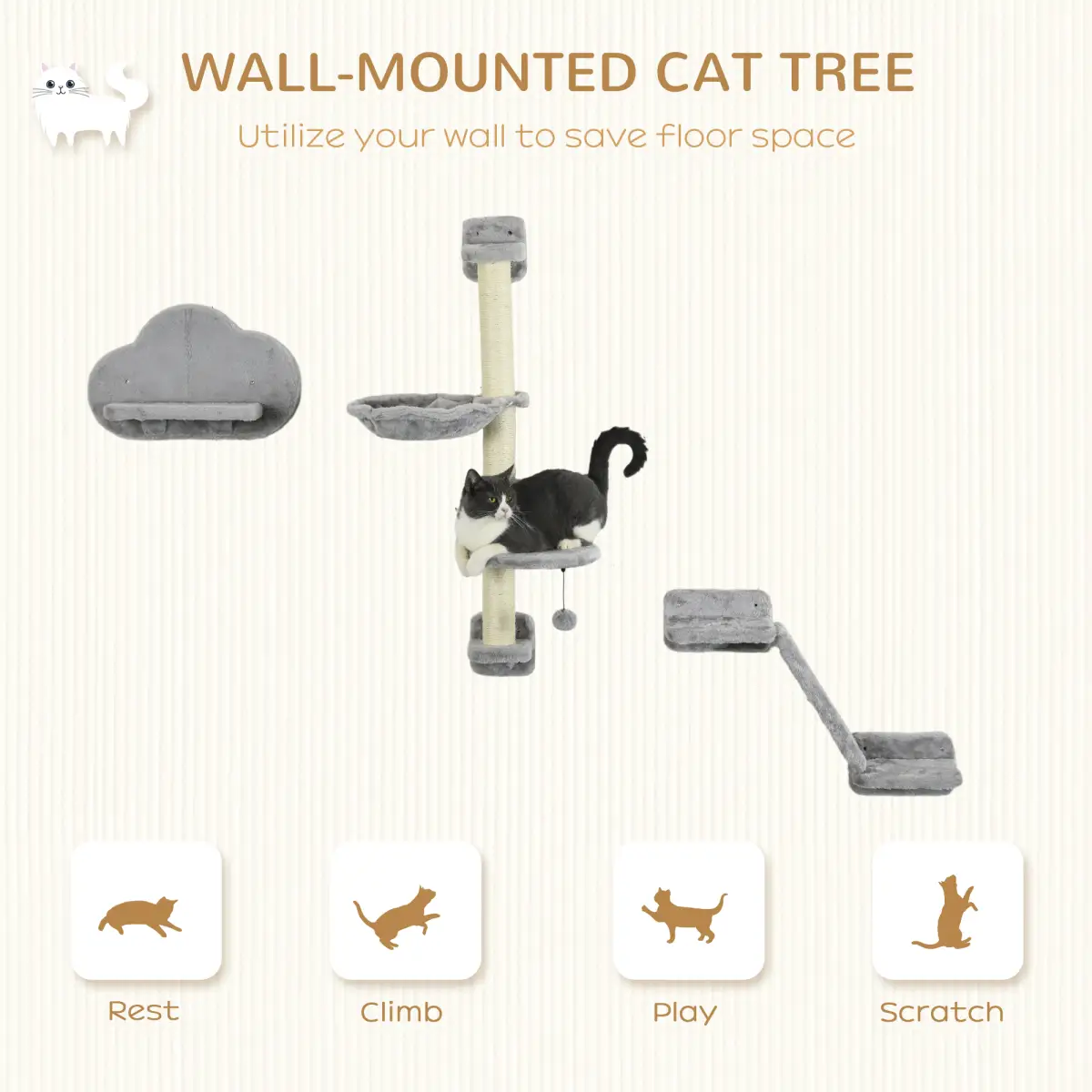 PawHut PawHut Cat Wall Furniture with Hammock Platforms Ladder Scratching Post - Grey - Cat Tree
