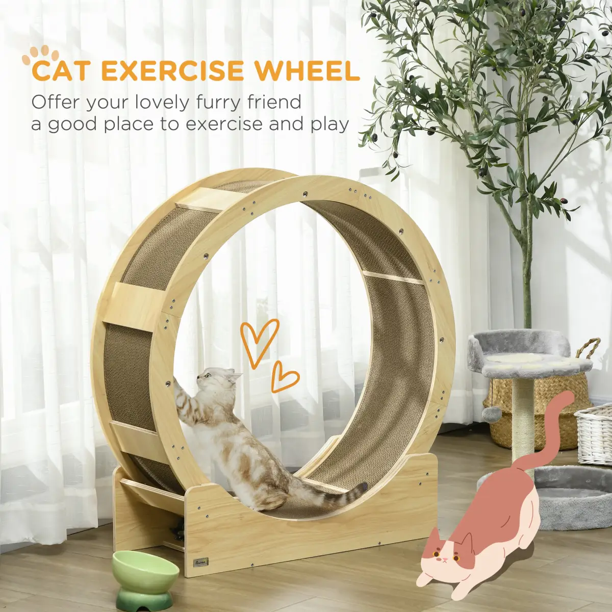 PawHut PawHut Cat Wheel with Brake, Scratching Pads for Health, Oak - Cat House