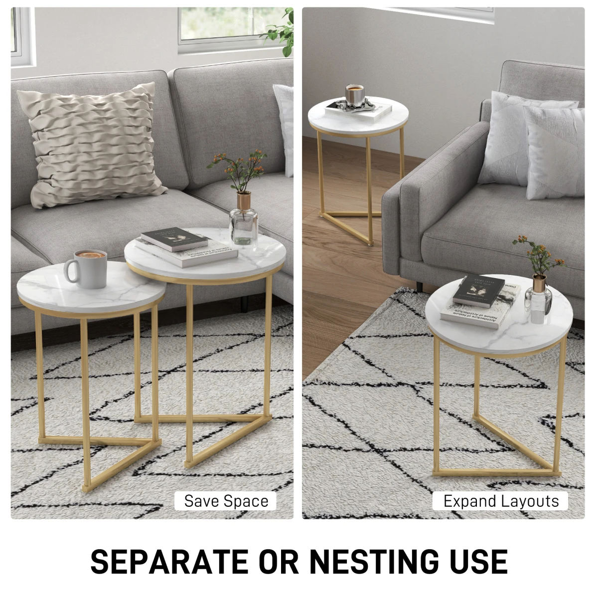 HOMCOM Nesting Coffee Tables Set of 2 With Marble Look Tops and Gold Frames for Modern Living Room - Coffee Table