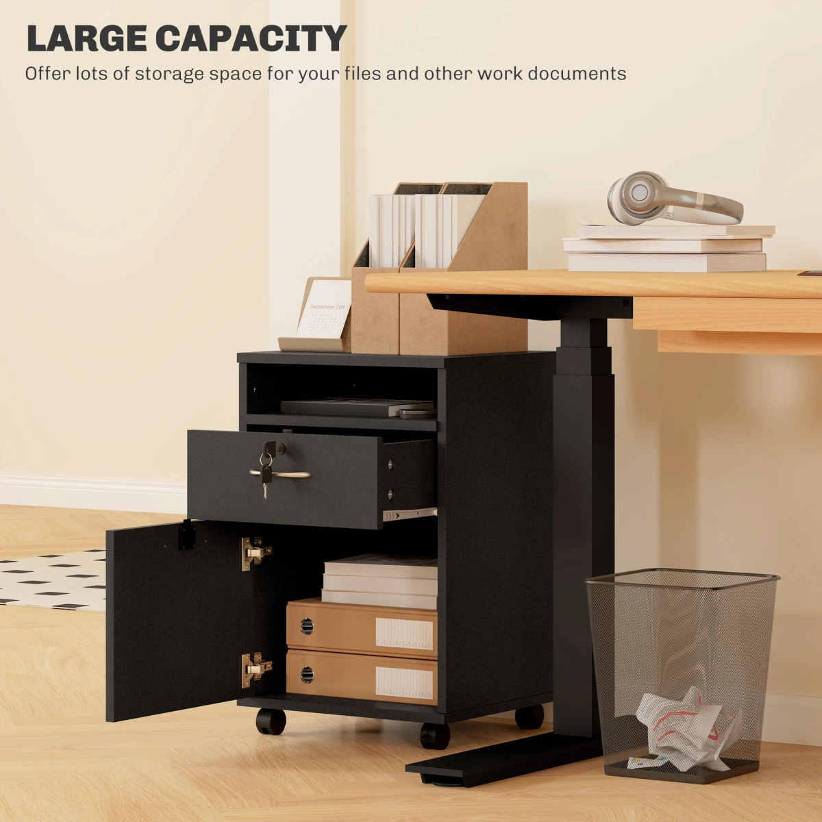 HOMCOM Storage Cabinet 60cm With Drawers And Open Shelf On Wheels For Home Office by HOMCOM