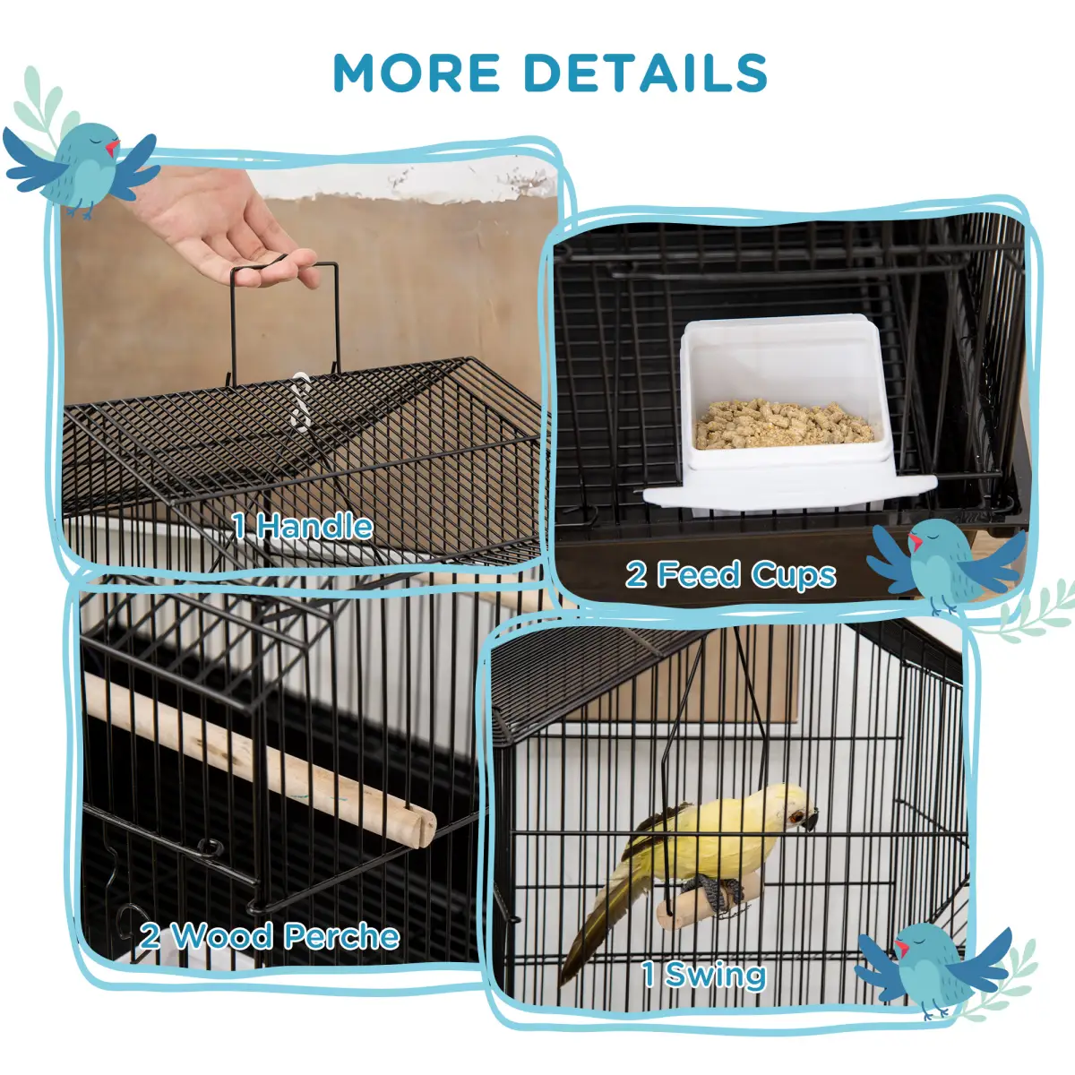 PawHut Metal Bird Cage w/ Plastic Perch Food Container Handle 50.5 x 40 x 63cm Black - Bird Cage