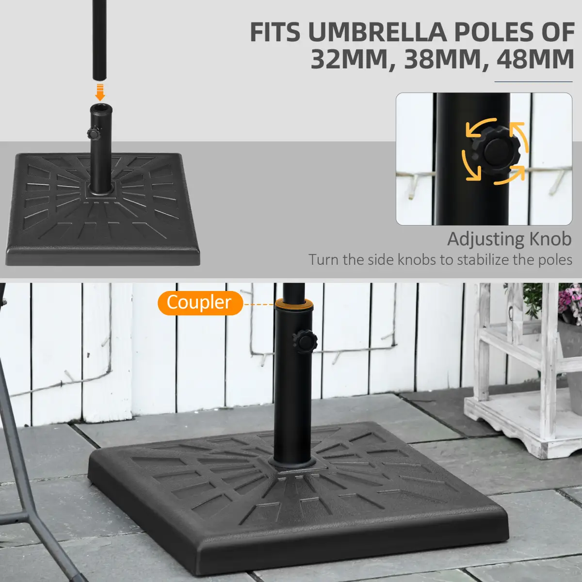 Outsunny Outsunny 19kg Square Resin Garden Parasol Base for Poles of 32mm, 38mm, 48mm - Parasol