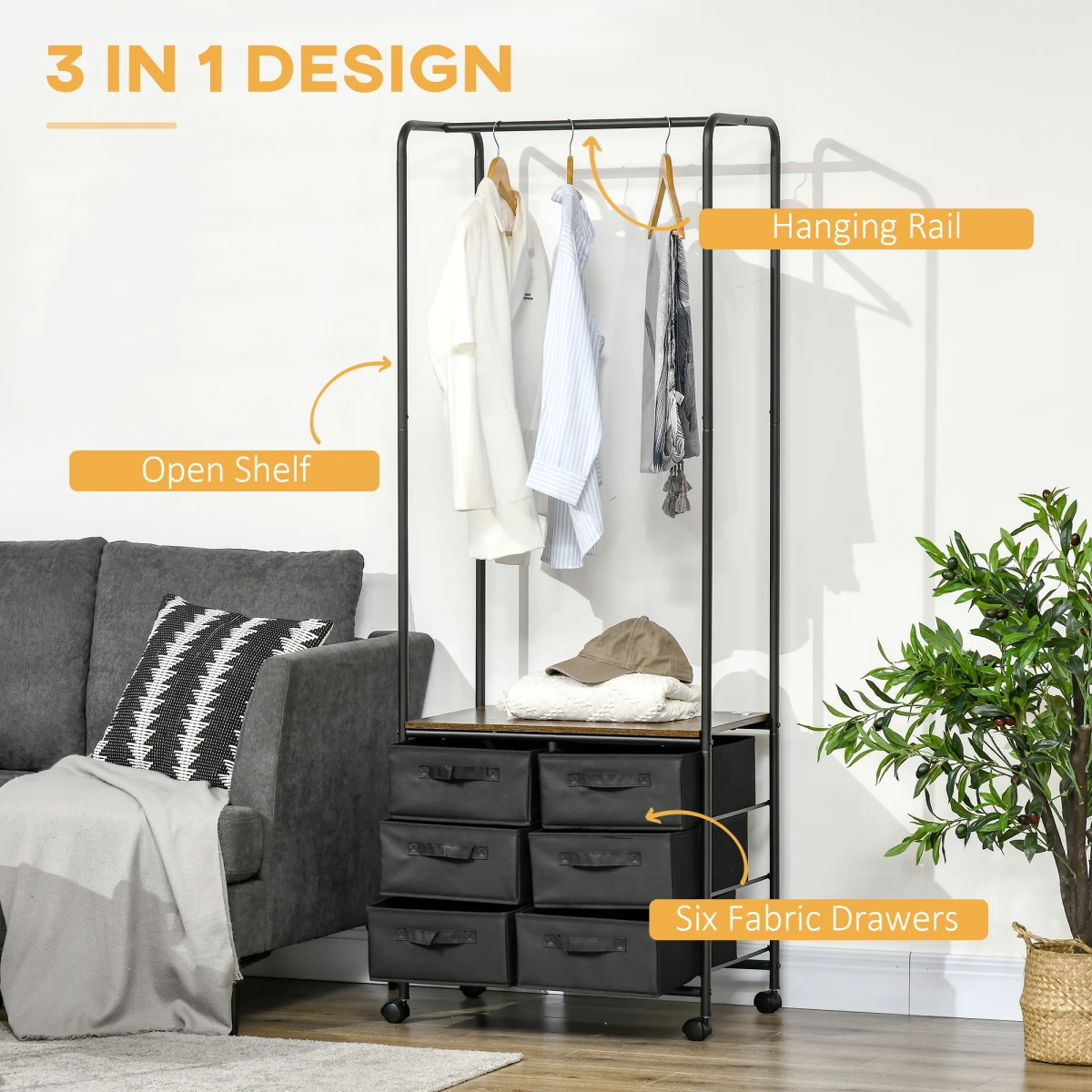 HOMCOM Hanging Clothes Rail Tall Wardrobe 6 Drawers - Wardrobe