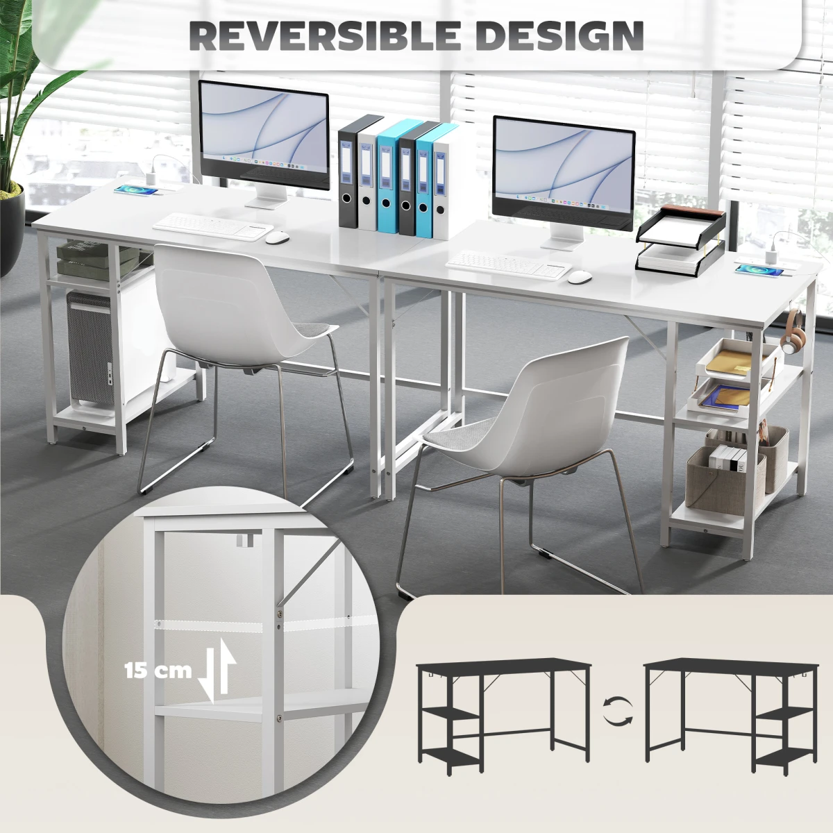 HOMCOM 120x60 cm Reversible Home Office Desk With USB Ports And Power Sockets For Bedroom by HOMCOM