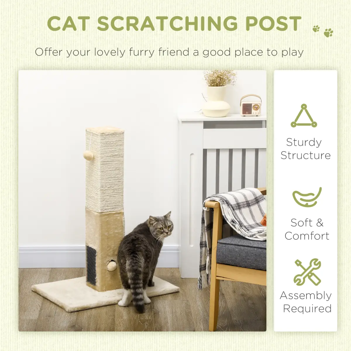 PawHut PawHut Cat Scratching Post Scratcher Climber w/ Carpet Base Hanging Toy - Beige - Cat Tree