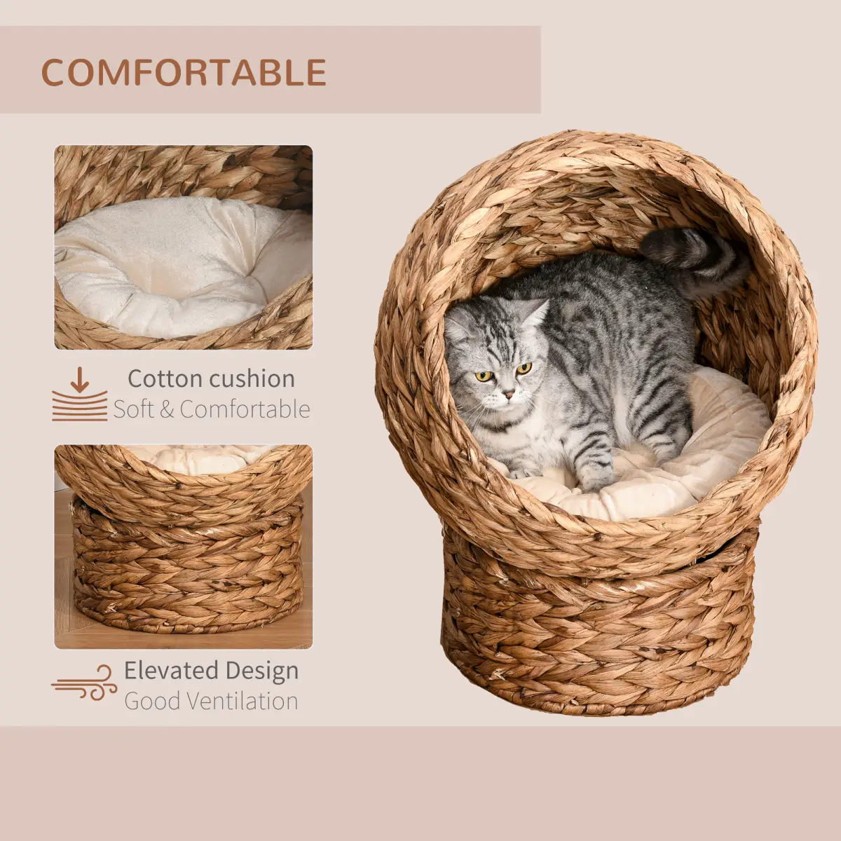 PawHut Wicker Cat House, Raised Cat Bed with Cylindrical Base, 42 x 33 x 52cm - Cat House