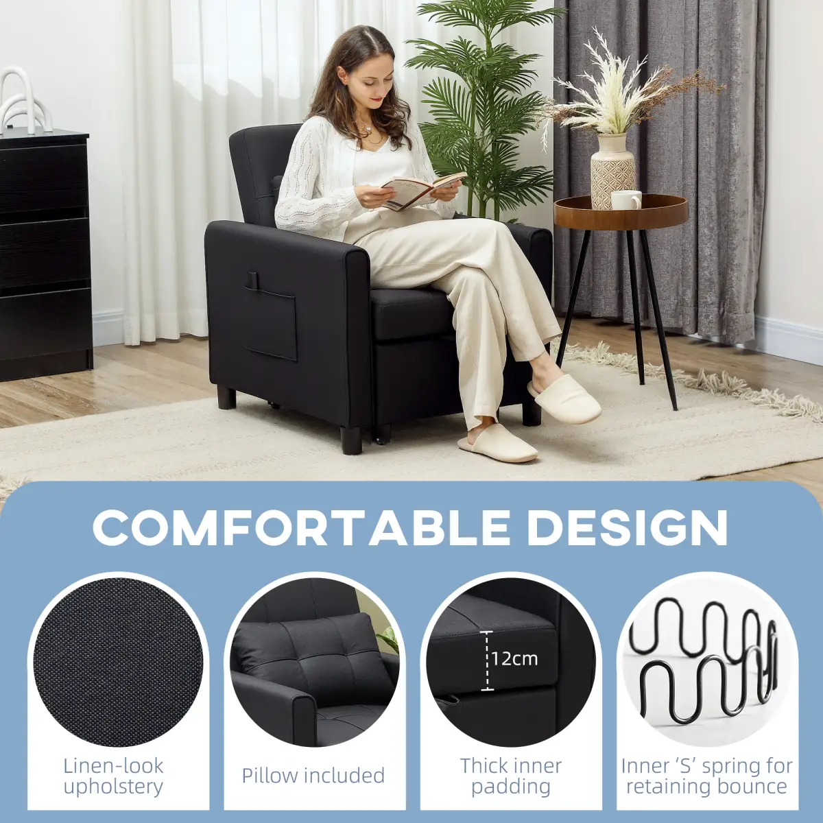 HOMCOM HOMCOM Folding Chair Bed, Sleeper Chair with Pillow, Side Pockets, Black - Sofa Bed