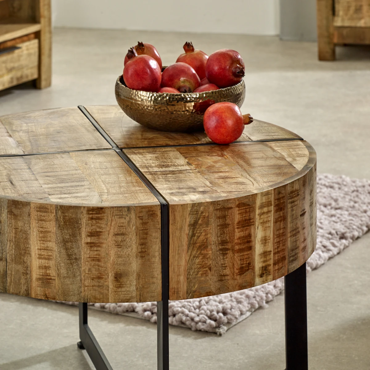 Surrey Round Coffee Table Eco Sourced Solid Mango Wood Inlaid Metal Legs Handmade In India by Indian Hub