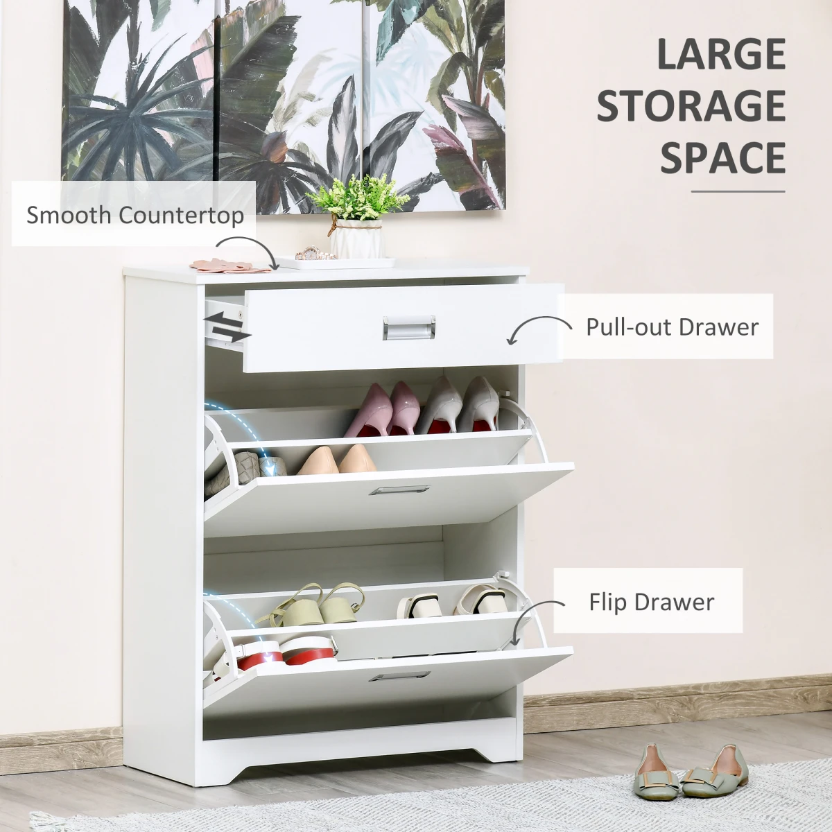 HOMCOM White Shoe Cabinet 16-Pair Flip Drawers Entryway - Shoe Storage