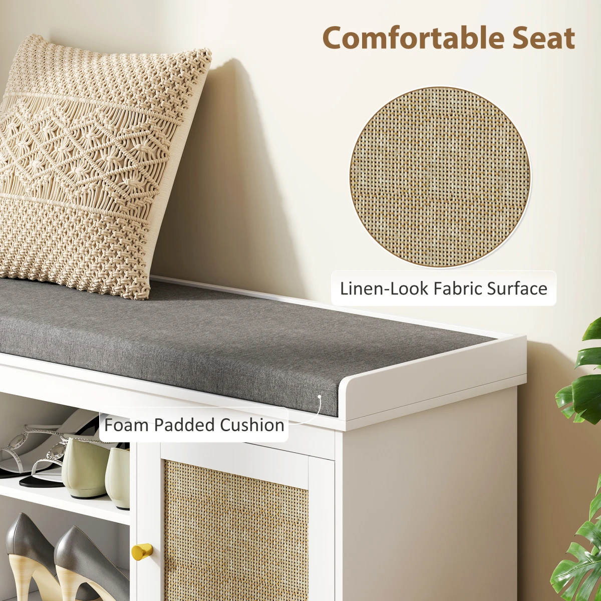 HOMCOM HOMCOM Shoe Bench, Boho Shoe Storage Bench with Padded Cushion, White -