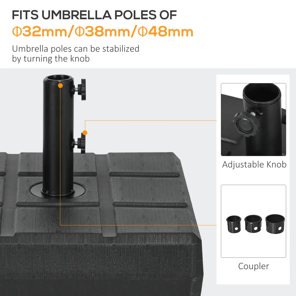 Outsunny Square Umbrella Parasol Base with Wood Effect, Plastic Parasol Stand, Black - Parasol