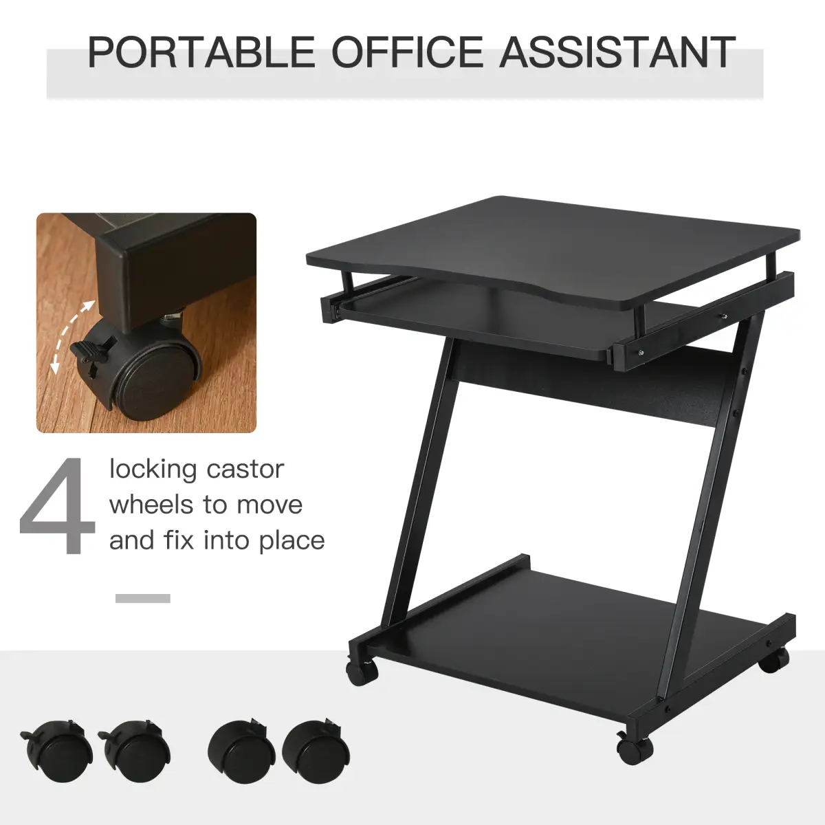 Unbranded Movable Computer Desk with 4 Moving Wheels Sliding Keyboard Tray Black - Desk
