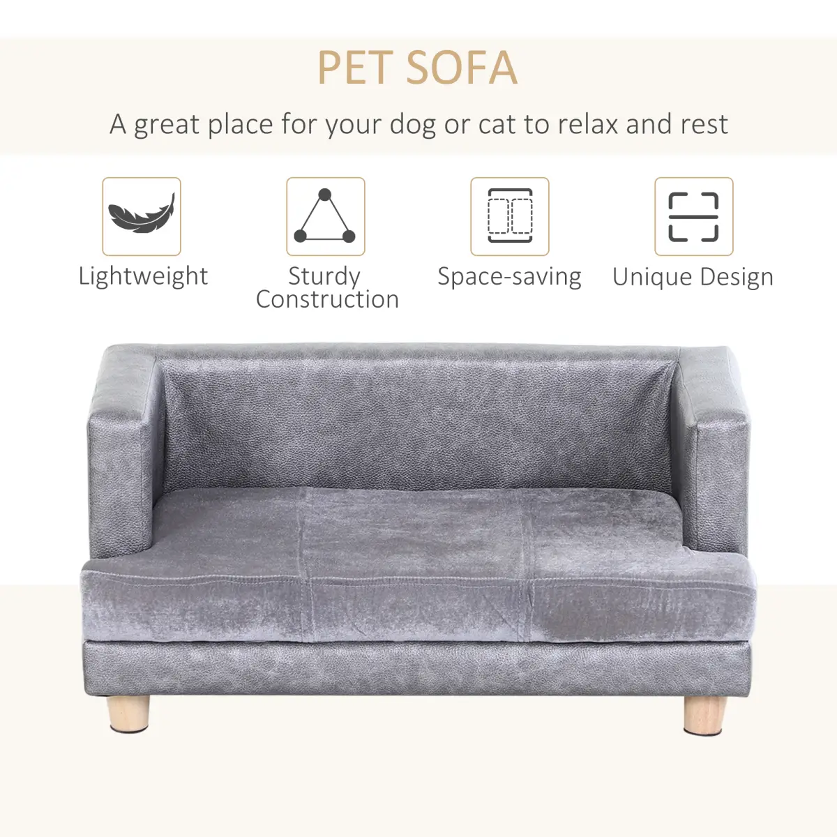 PawHut Dog Sofa Bed Kitten Couch Lounge for Small-Sized Dogs, Soft Padded - Grey - Dog Beds