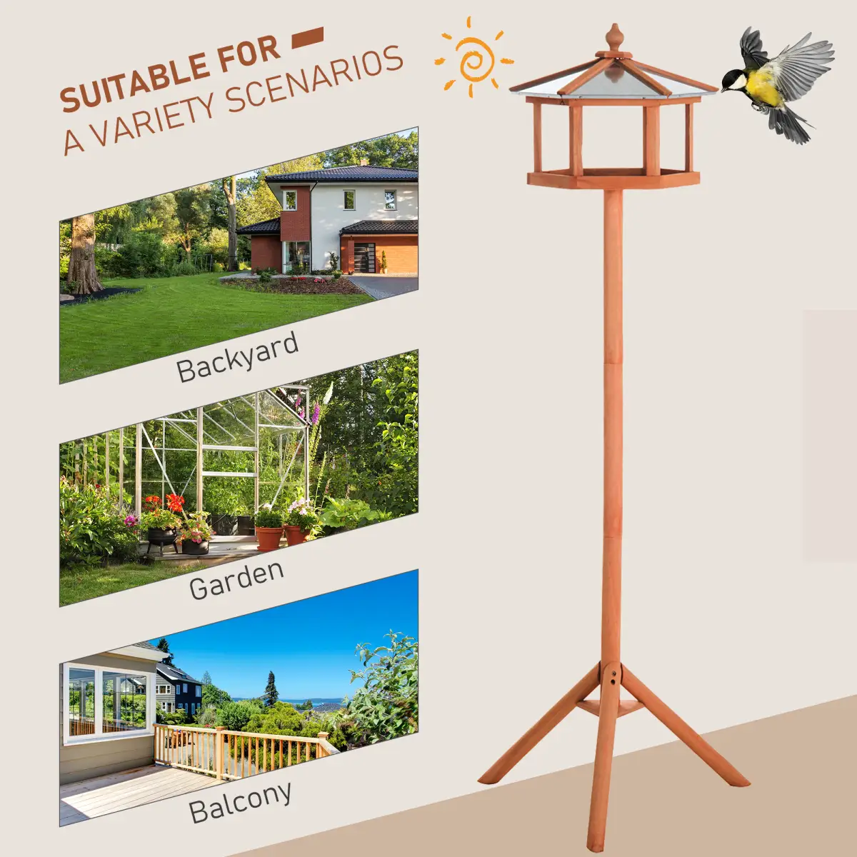 Pawhut Wooden Bird Table Free Standing Bird Feeder Parrot Stand for Garden, Patio - Bird Feeder