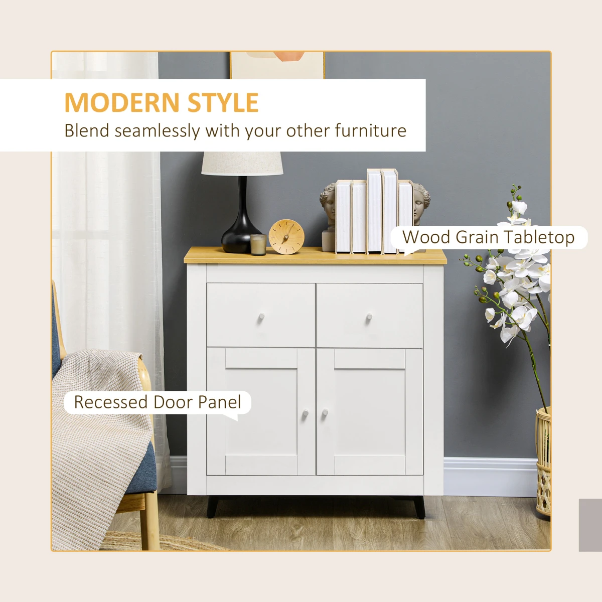 Premium White Sideboard Storage Cabinet Standard Wood Top Two Drawers Hallway Use by HOMCOM