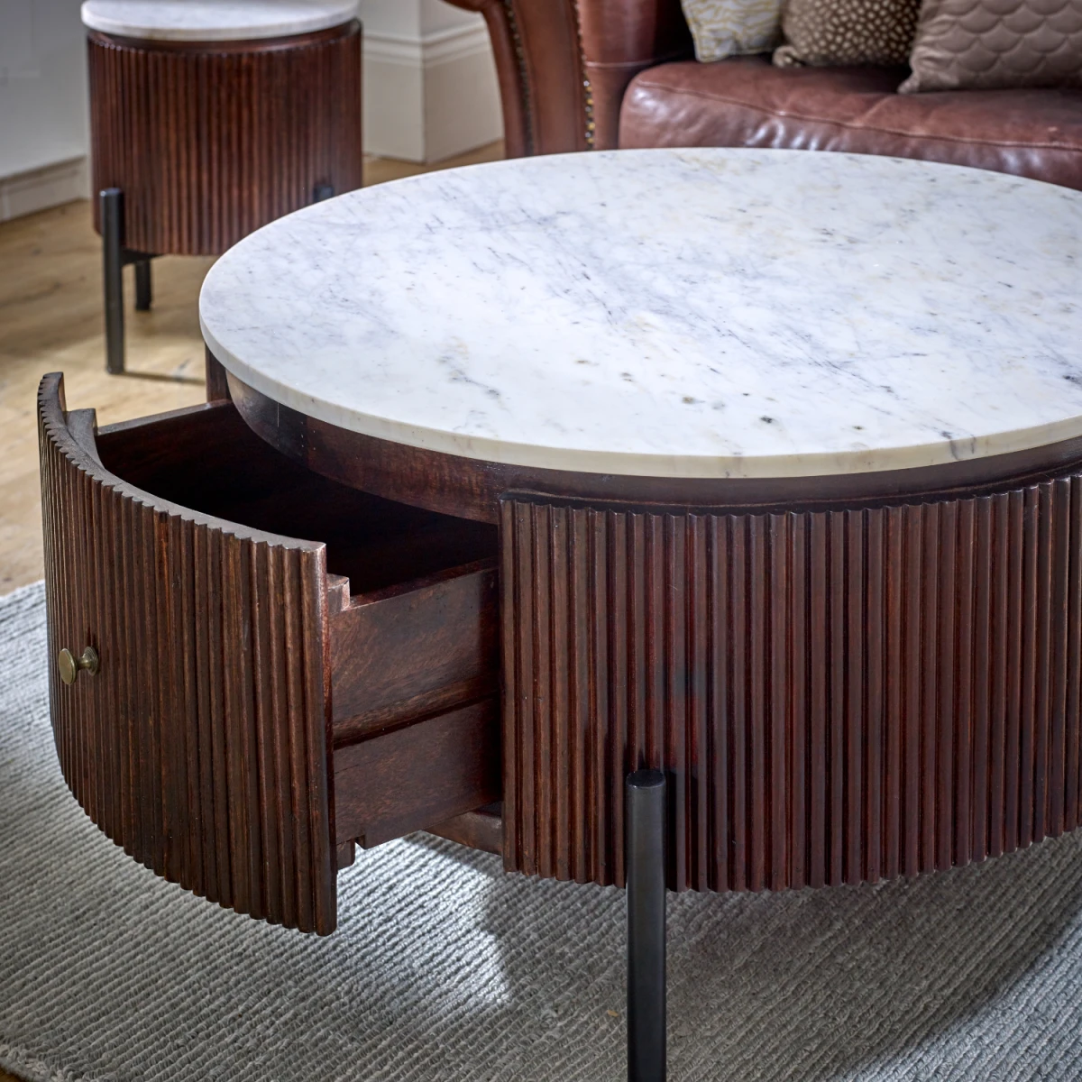 Opal Coffee Table Round Marble Top Drawer by Indian Hub