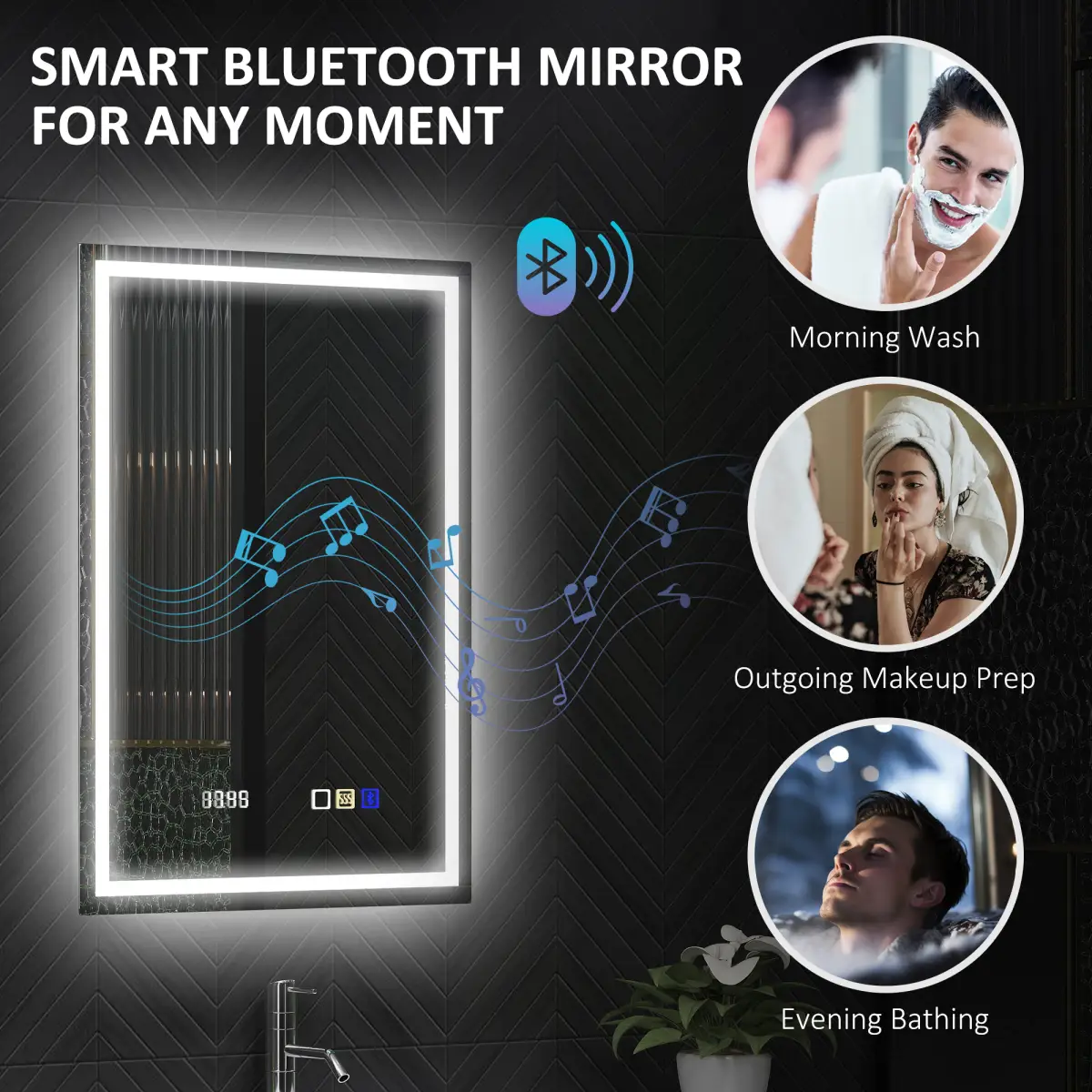 HOMCOM HOMCOM 500 x 700 mm Bathroom Mirror with Bluetooth Clock Lights Demister Pad - Clock
