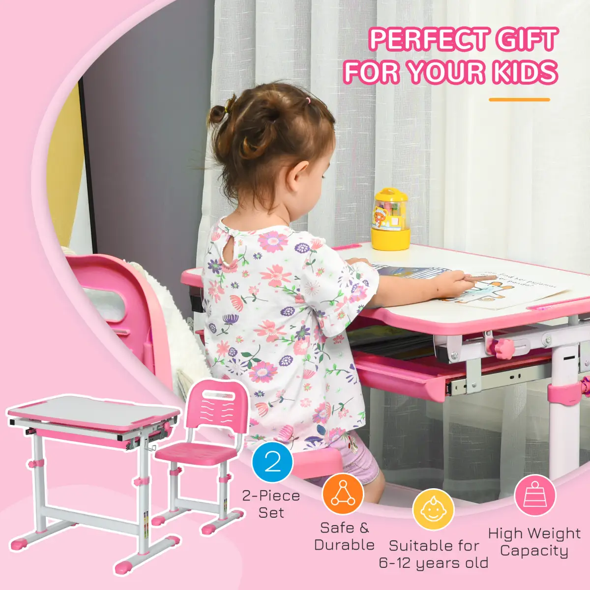 HOMCOM Kids Desk and Chair Set, Height Adjustable Desk with Drawer, Pen Slot, Hook - Desk