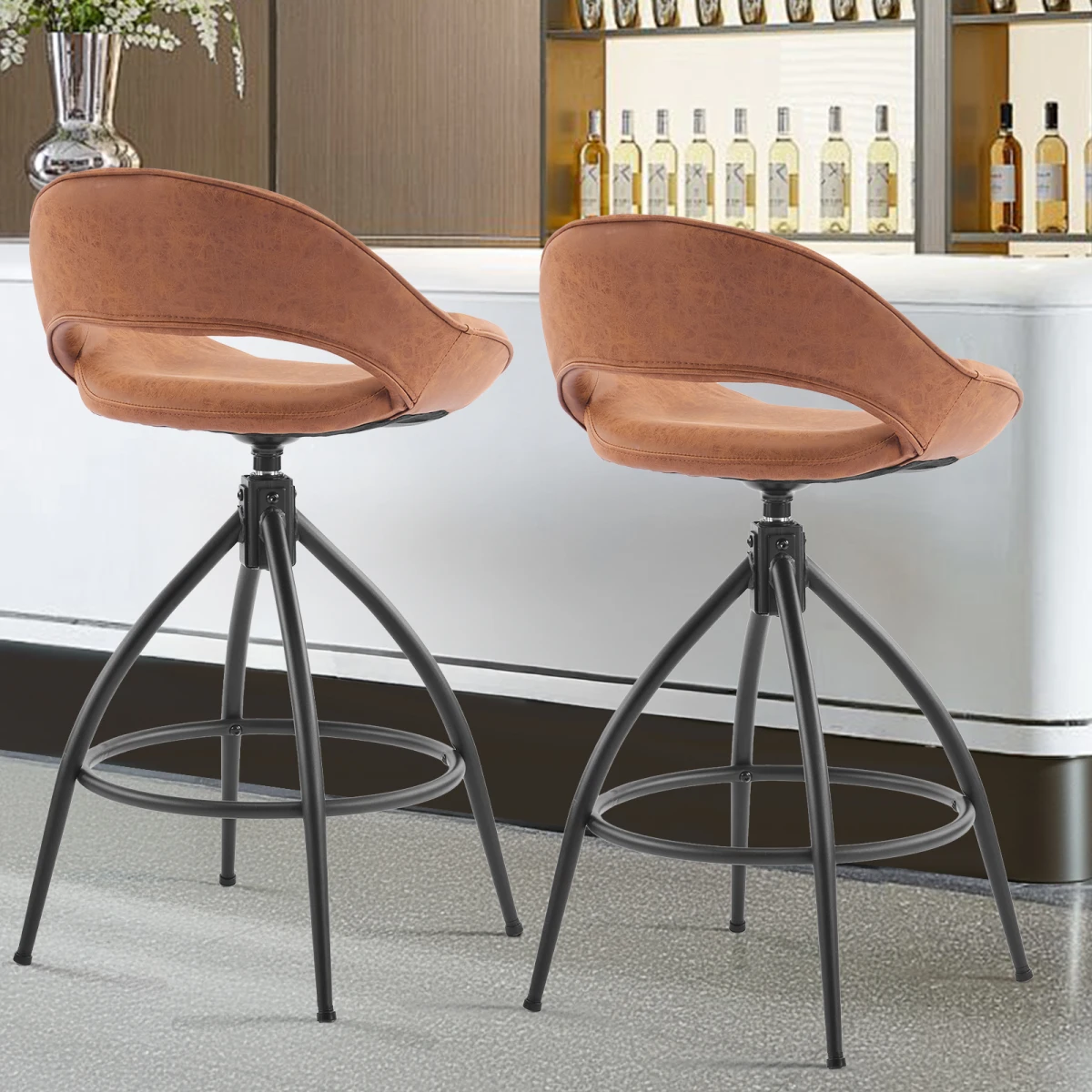 N/A 2pcs hollow backrest PU spray-coated bent iron feet bar stool brown with swivel -