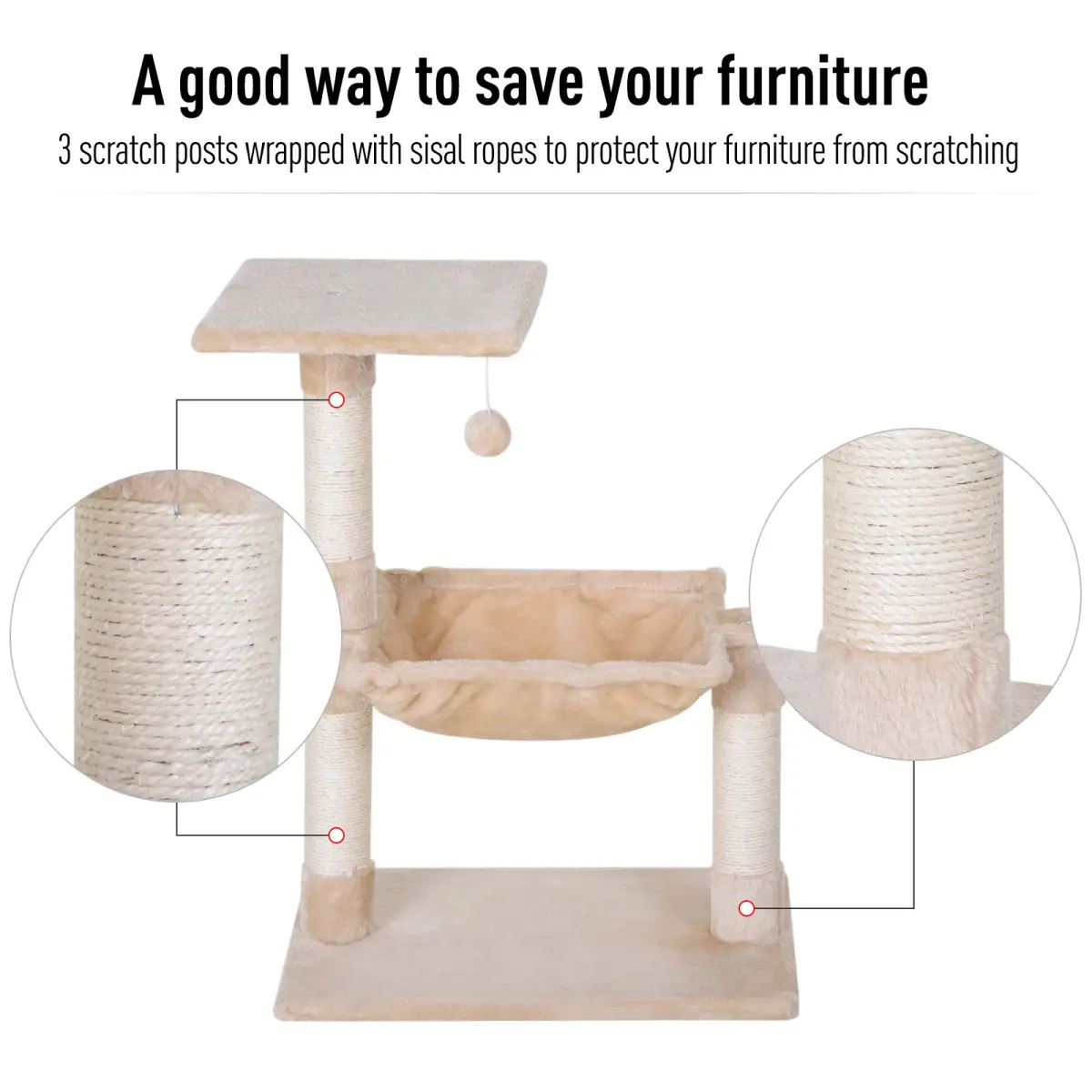 Pawhut Cat Activity Tree Kitten Play Tower Palace Two-Tier w/ Sisal Scratching Post - Cat Tree