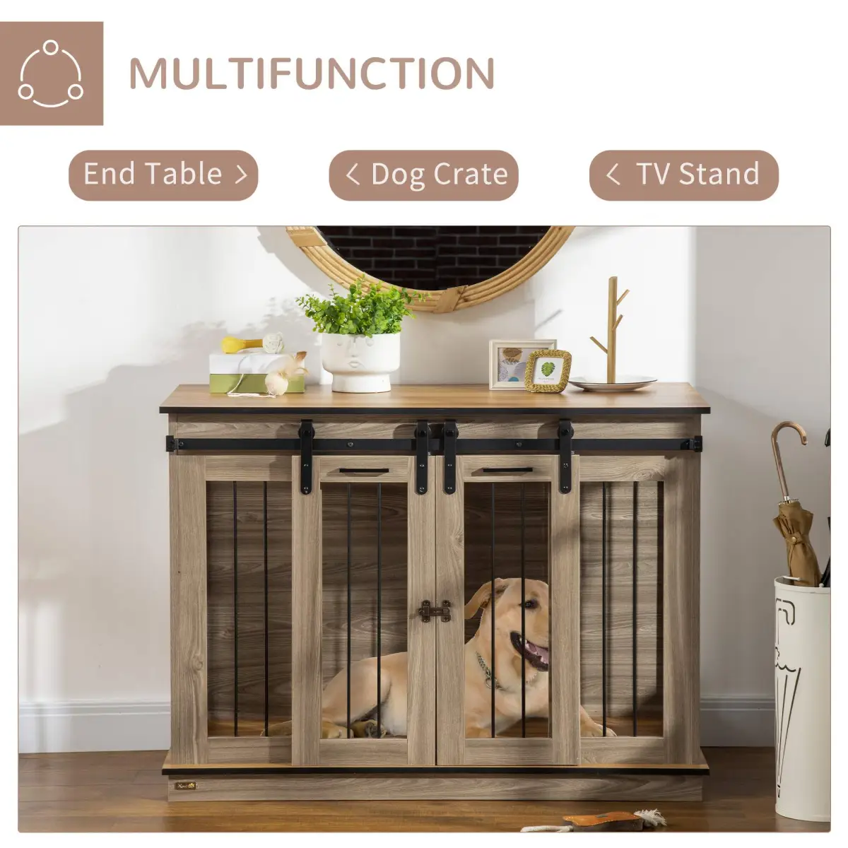 PawHut PawHut Dog Crate for Large Dogs, Double Dog Cage for Small Dog, Oak Tone - Dog Crate