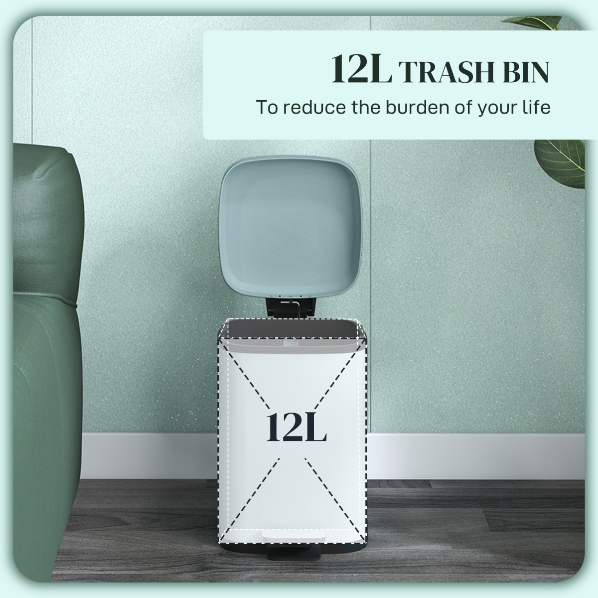 HOMCOM 12L Kitchen Pedal Bin, Metal Rubbish Bin with Soft-close Lid, Light Green - from PawHut