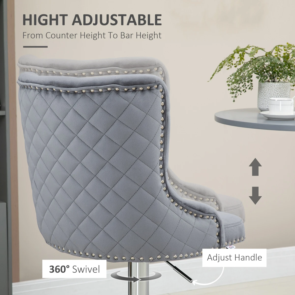 HOMCOM Adjustable Bar Stools Set of 2, Swivel Bar Chairs w/ Back Footrest, Grey by HOMCOM