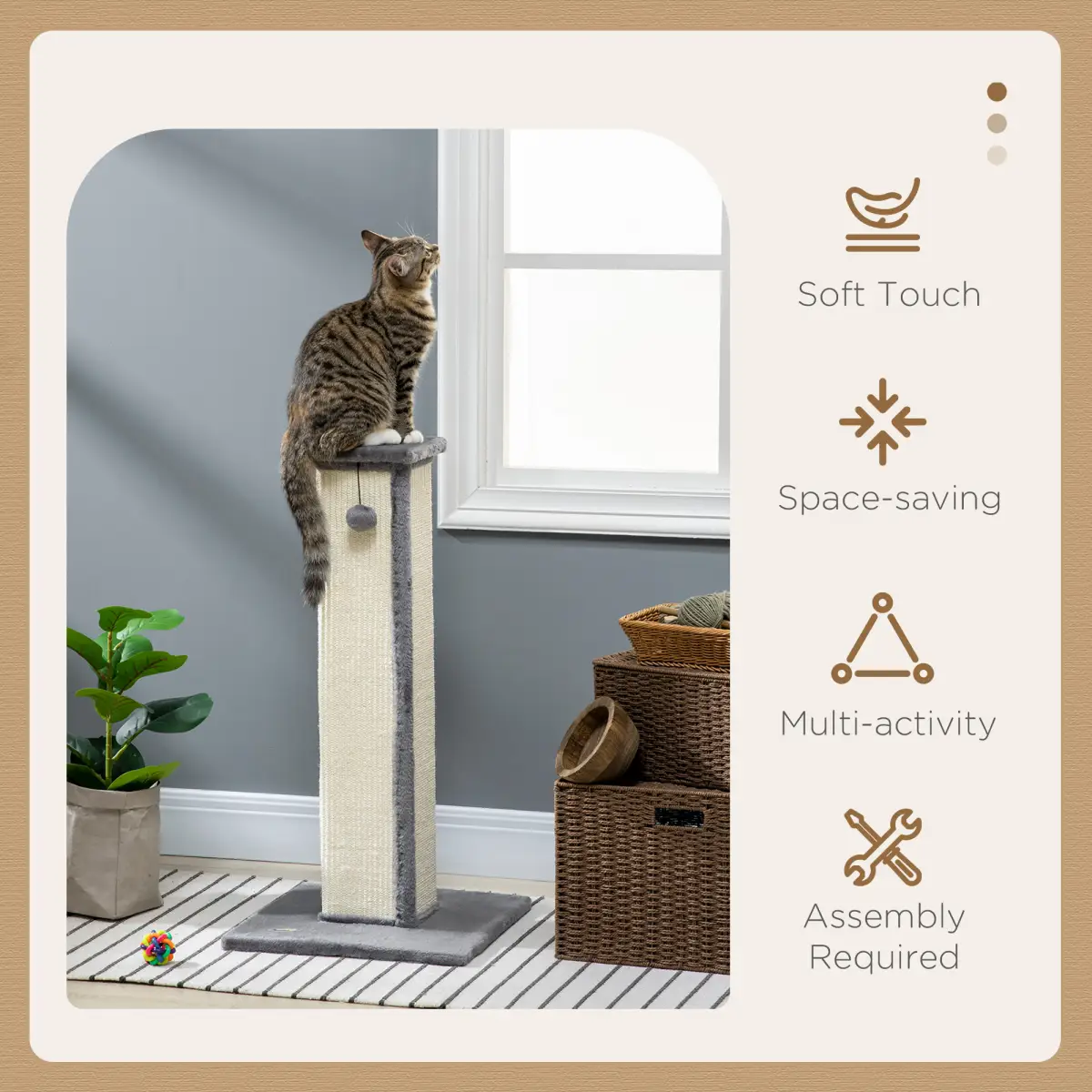 PawHut Cat Scratching Post 81cm Cat Scratcher w/ Natural Sisal Rope Hanging Ball Grey - Cat Tree